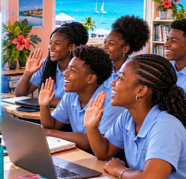 Students in Bermuda waving at the camera